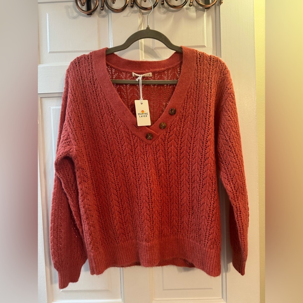 NWT Marine Layer Alpaca Blend Pointelle V Neck Sweater Small Coral